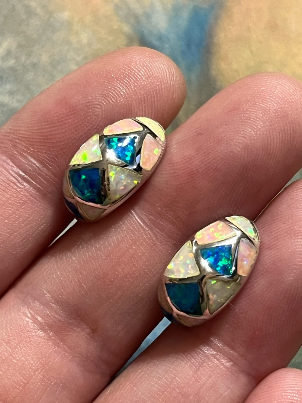 Sterling Silver 925 Synthetic Fire Opal Inlaid Huggie Pierced Earrings